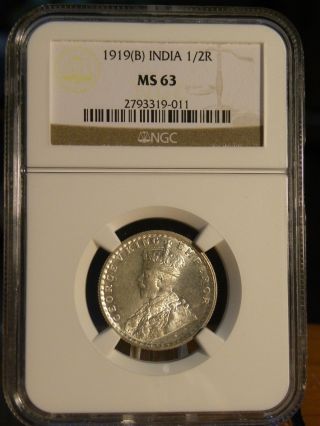 1919 B India Silver 1/2 Half Rupee Ngc Ms 63 photo