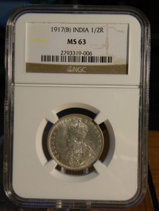 1917 B India Silver 1/2 Half Rupee Ngc Ms 63 photo