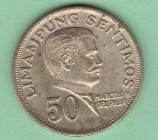 1967 Philippines 50 Sentimos Coin.  Km 200.  Marcelo H.  Del Pilar photo