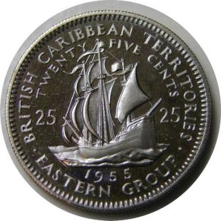 Elf British Caribbean Territories 25 Cents 1955 Proof Ship Only 2,  000 Minted photo