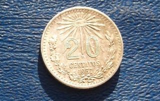 . 720 Silver 1937 Mexico 20 Centavos Cap & Rays Circ Km 438 Coin 620 photo