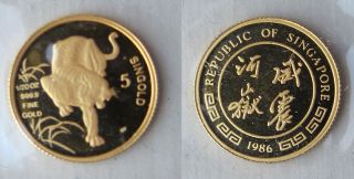1986 Pure 999.  9 Gold Singapore 1/20th Oz 5 Singold Year Of The Tiger photo
