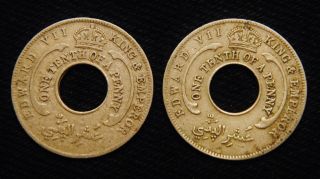 British Empire West Africa 2 One Tenth Penny Coin King Edward Vii 1908 & 1910 photo