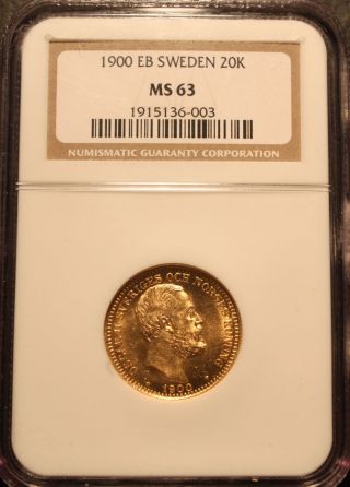 1900 Eb Sweden 20k Ngc Ms 63 Twenty Kroner Uncirculated Gold,  Scarce Issue photo