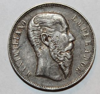 1866 50 Centavos Mexico Maximiliano Maximilian I Scarce Silver Coin - Nr S/h photo