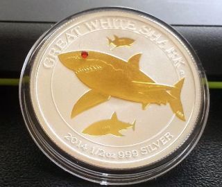 2014 1/2 Ounce Oz Gold Gilded Gemstone Eye Silver Coin.  999 Fine Perth Shark photo
