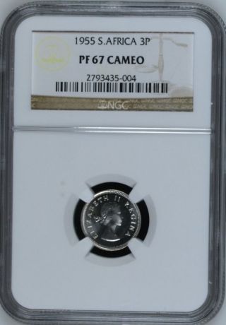 South Africa 1955 3 Pence Ngc Pf 67 Cameo 3p - Ngc Pop 1/0 Finest Known photo