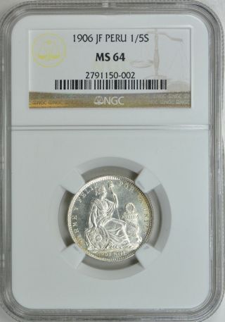 Peru 1906 - Jf Silver 1/5 Sol Ngc Ms - 64 - Pop 5 With 3 Graded Higher photo