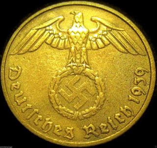 Germany German 3rd Reich 1939d Gold Colored 10 Reichspfennig Coin - World War 2 photo