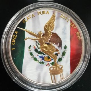 2012 1 Oz Ounce Mexican Libertad Colorized Gold Gilded Coin.  999 Silver,  Rare photo