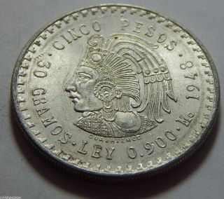 1948 Mexico Silver 5 Pesos Coin -.  8680 Troy Oz Asw photo