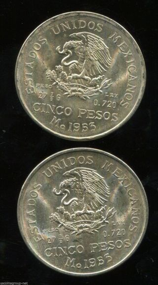 1953 2 Bu Mexico Silver 5 Pesos Km 467 Asw 1.  286 photo