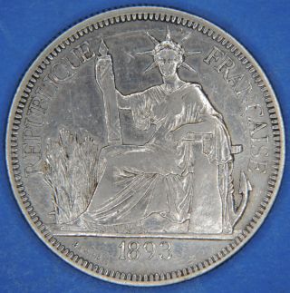 1893 French Indo China One 1 Piastre Trade Dollar Silver Coin photo