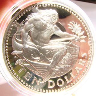 Barbados 10 Dollars 1975 Proof,  Large Silver Coin W/ Neptune & Dolphin Fish photo