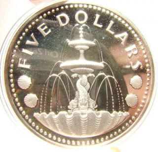 Barbados 5 Dollars 1976,  Proof Silver Coin W/ Shell Fountain,  Independence Issue photo