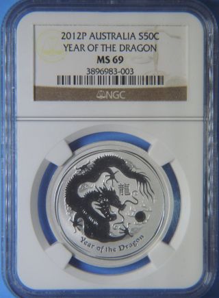 2012 Australia Year Of The Dragon 50 Cents Silver.  999 1/2oz Coin Ngc Ms69 photo