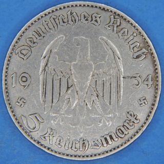 1934 J Germany Third Reich 5 Reichsmark Marks Silver Coin photo