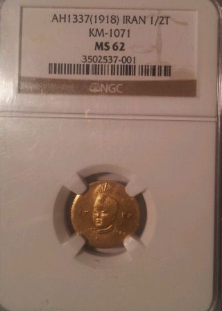 Ah 1337 (1918) Iran - Half Toman - Ahmed Shah Qajar - Gold Coin - Ms 62 Ngc photo