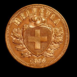 Switzerland Bronze 2 Rappen 1893b Confederation Coinage,  Extremely Fine photo