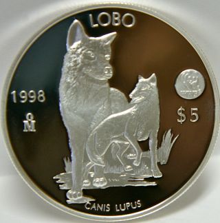 Mexico 1998 5 Pesos,  Mexican Gray Wolf,  99.  9 Silver Coin,  Proof,  Certificate, photo