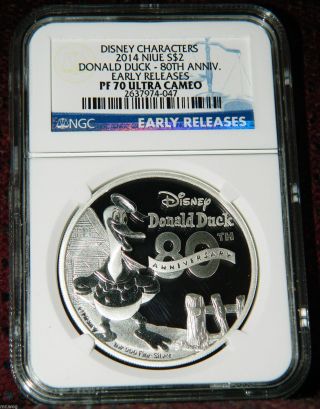 2014 Niue $2 Donald Duck 80th Anniversary Silver Coin Ngc Pf70 Uc Er - photo