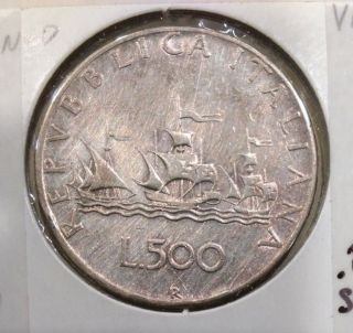 Italy 500 Lire,  1958 Silver Coin,  Columbus ' Ships (km 98) Very Fine photo