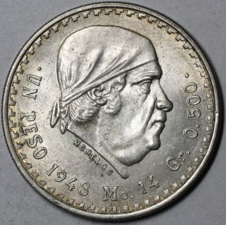 1948 Unc Silver Peso Mexico Jose Morelos (key Date 3 Year Type Coin) photo