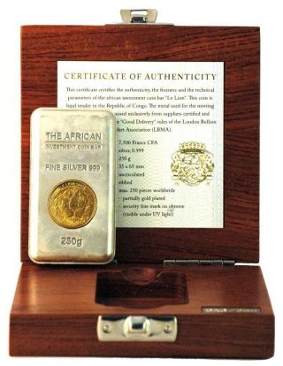 Congo 2013 7500 Fr The African Lion 250g Silver Coin Bar Gold Gilded Only 250 photo