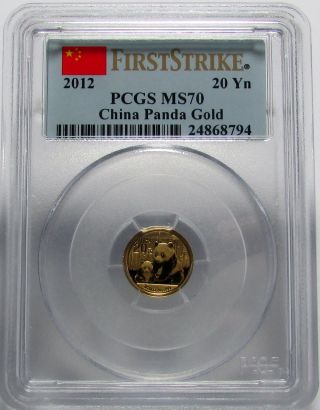 2012 First Strike Pcgs Ms 70 Gold China Panda 20 Yuan 20y 1/20 Oz.  Bullion Coin photo