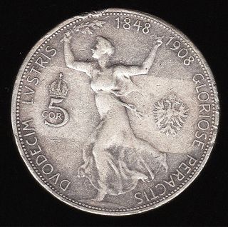 Austria 1908 Silver 5 Corona Commemorative Km - 2809 Fine W.  Rim Nicks photo