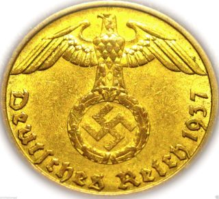 Germany - German 3rd Reich - German 1937j Gold Colored 5 Reichspfennig Coin - Ww2 photo