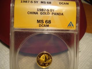 1987s China Gold Panda (1/20 Oz) 5 Yuan Anacs Ms 68 Dcam photo