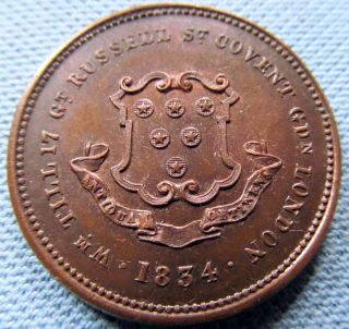 1834 Advertising Token Wm Till London Coin Dealer Copper Halfpenny Size - photo