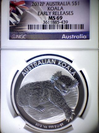 2012 - P Australian Koala Dollar - Ngc Ms 69 - 1 Troy Ounce Silver - Early Release photo