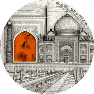 Palau 2014 10$ Mineral Art Taj Mahal 2 Oz Silver Coin With Real Amber Limit 999 photo