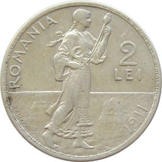 V376 Romania 2 Lei 1911 Hamburg Km 43 Silver Coin photo