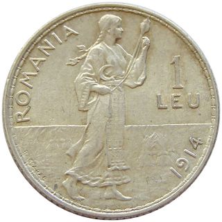 V375 Romania 1 Leu 1914 Hamburg Km 42 Silver Coin Aunc photo