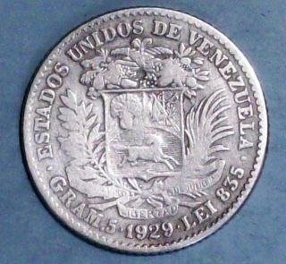 Venezuela 1 Bolivar 1929 Fine Plus 0.  8350 Silver Coin photo