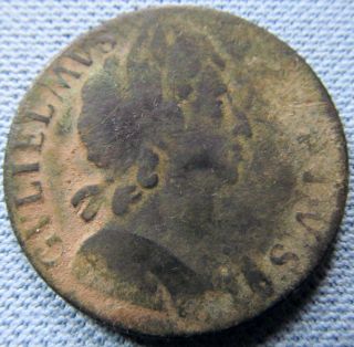 1697 King William Iii British Us Colonial Halfpenny Copper - Dug Green Patina photo