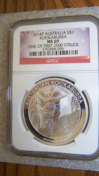 2014 1oz Silver Kookaburra Ngc Ms69 One Of First 2500 Struck Flag Label photo