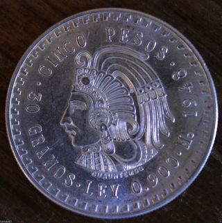 1948 Mexico Cuauhtemoc Silver 5 Pesos.  86 Troy Ounce - Almost Uncirculated Coin photo