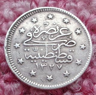 Ottoman Empire,  Silver 1327/4 Ah,  1912,  2 Kurush,  Mehmet V,  Reshat Right Of Toughra. photo