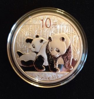 2010 China Panda 10 Yuan Silver Coin - 1 Oz.  - Bu - Low Mintage - Capsule photo