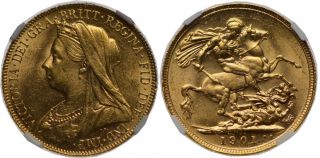 Australia 1901 Victoria Perth Veiled Head Full Gold Sovereign Ngc Ms - 63 photo