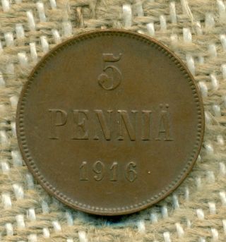 Finland Finnish Copper Coin 5 Penniä 1916 Nicholas Ii photo