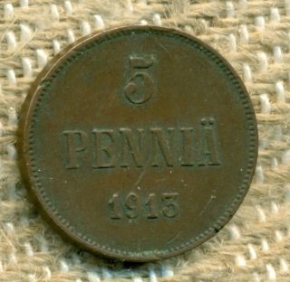Finland Finnish Copper Coin 5 Penniä 1913 Nicholas Ii photo