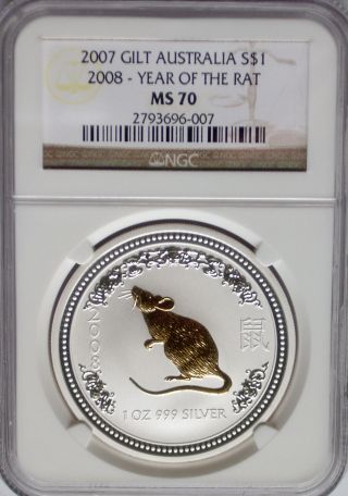 Ngc Registry Ms70 2007 2008 Australia Year Of The Rat $1 Gold Gilt Silver 1oz Ag photo