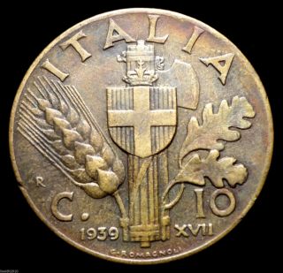 Italy,  1939 R 10 Centesimi Vittorio Emanuele Iii Detail & Patina photo