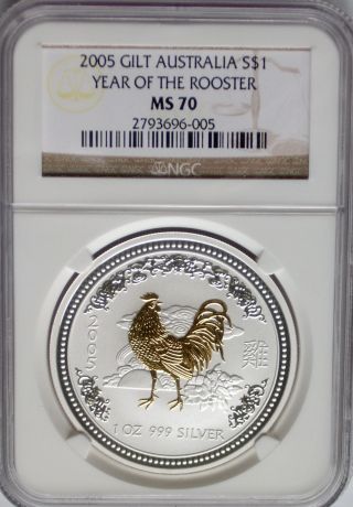 Ngc Registry Ms70 2005 Australia Year Of Rooster $1 Lunar Gold Gilt Silver 1oz photo