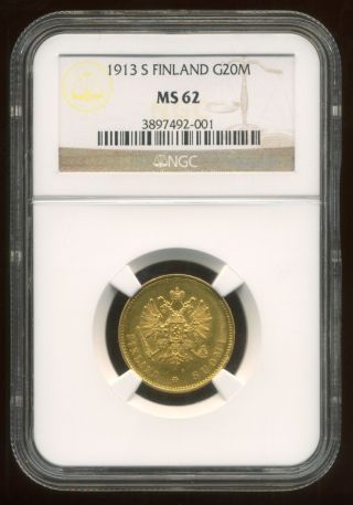 1913 - S Finland 20 Markkaa Gold Coin,  Ngc Slabbed Ms - 62,  Rare photo